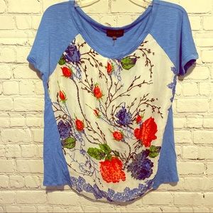 Hale Bob Sz M Embellished Blue & White Floral Top